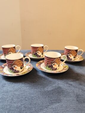 Vintage 1991 Vitromaster  Art-Style Porcelain  Cup and Saucer Set - 5 Pieces